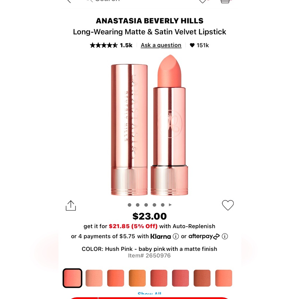 Anastasia BH long-wearing matte lipstick in Hush Pink (matte baby pink), NIB/NWT